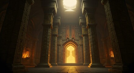 Illuminated ancient temple interior with stone pillars and arched doorway leading to bright light