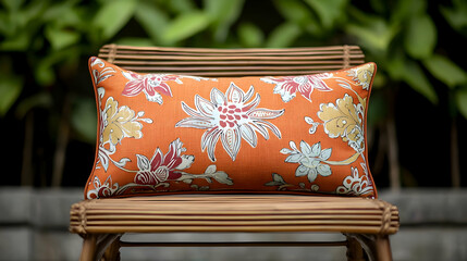 Orange Floral Patterned Pillow On Wooden Chair