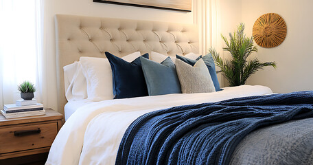 Comfortable bedroom with a textured headboard, muted blue blankets and pillows, tastefully arranged books.