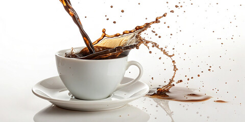Liquid coffee pour and splash in a white cup on saucer a white background