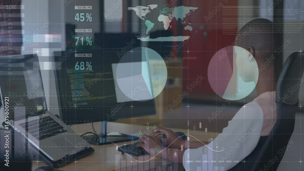 Poster female software developer coding at desk, viewing code display with floating pie charts world map