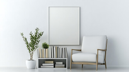 Contemporary white interior with a modern armchair, blank poster frame.