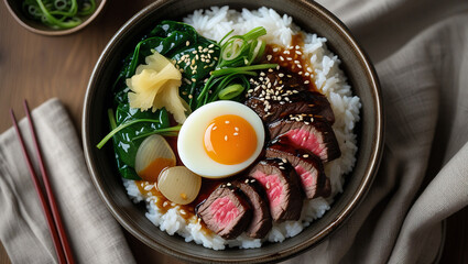 Cozy donburi bowl featuring tender beef steak slices, glossy teriyaki glaze, and a soft onsen egg on warm rice. Ideal for restaurant promotions, recipe websites, and cooking tutorials.