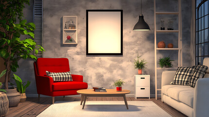Creative living room setup with a bold red armchair, soft beige sofa, mock-up art frame on the wall, wooden coffee table, white storage rack, leaning ladder.