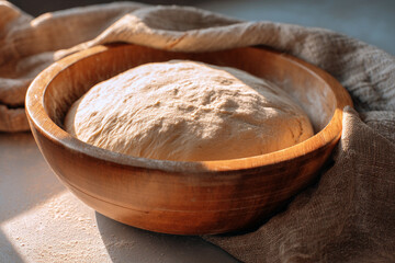Fototapeta premium Homemade dough rising in wooden bowl for baking bread pizza or pastry closeup view food prep