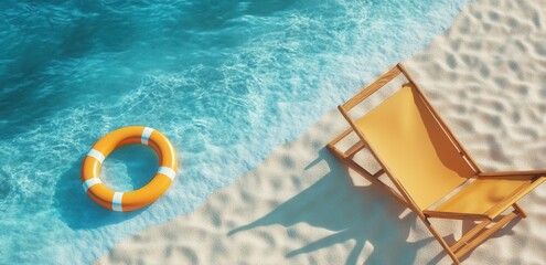 3d beach scene with chair, umbrella, and swim ring on sand, summer vacation banner background