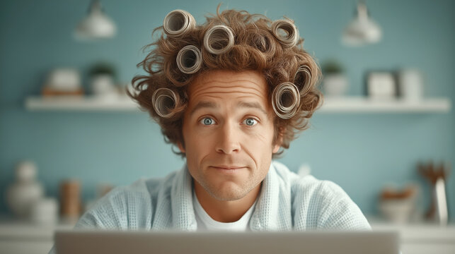 Confused mornings, a man in hair rollers stares quizzically at his laptop, capturing relatable domestic chaos and humorous self-care moments.