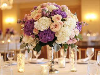 Elegant floral centerpiece brightens wedding reception in upscale venue