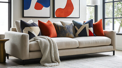 Modern living space featuring a light beige couch with colorful geometric pillows.