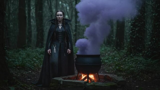 Mysterious figures around cauldron in forest