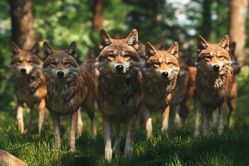 A pack of wolves stands alert in a lush green forest, surrounded by trees and dappled sunlight
