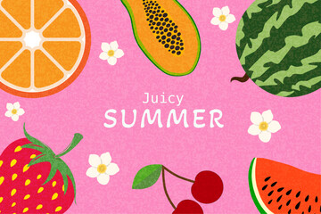 Juicy summer fruit illustration with watermelon, orange, strawberry and papaya on pink textured background