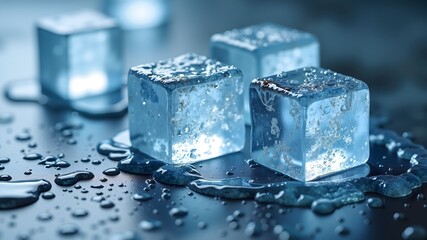Close-up of three melting ice cubes on a wet surface, highlighting their clarity and detail. Shows ice texture with water droplets, emphasizing cool 
