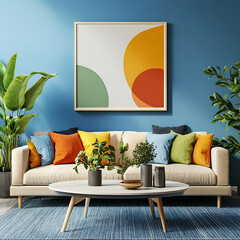 Stylish modern living room featuring a mock-up frame on a blue backdrop.