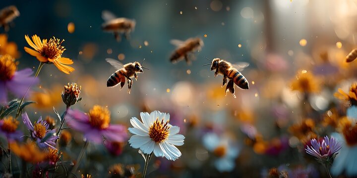 Multiple honey bees fly, land on colorful wildflowers in sun-drenched meadow. Bright, warm sunlight illuminates scene, creating dreamy bokeh background.