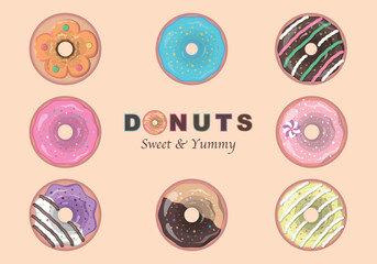 Set of donuts isolated. Collection of vector illustrations of donuts with different toppings and flavors. Sweet pastry vector illustration. Perfect for greeting card design, fabric print and bakery.