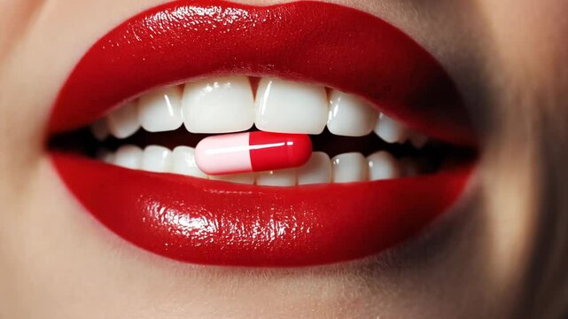Close-up view of red lipstick and white-red capsule held between perfect teeth in modern makeup setting