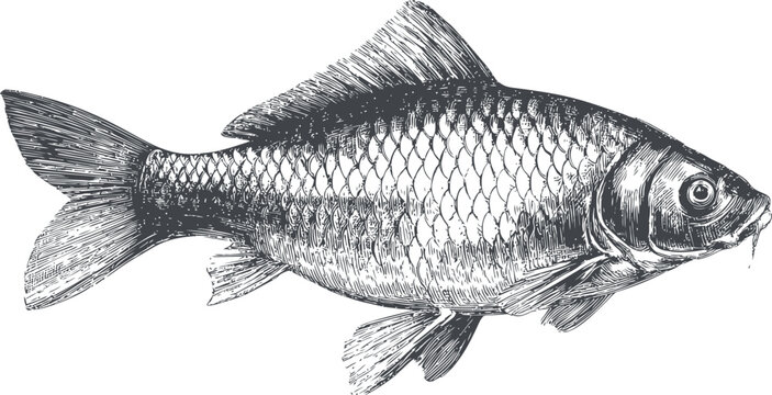 Detailed black and white illustration of a carp fish in side view. Vector illustration