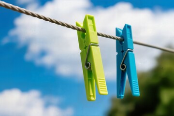 green clothespin in a metallic clothes line on a summer day concept blue sky pinza de ropa verde en un tendedero met&aacute;lico en un d&iacute;a de verano concepto cielo azul mandal