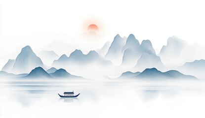 A traditional boat on a calm lake with misty mountains and a setting sun in the background