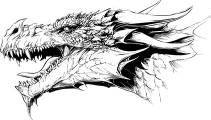 Fierce dragon head sketch with intricate scales and sharp horns, 2d art illustration. Vector illustration