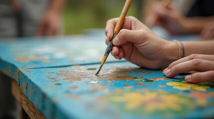 Close-Up of Artists Creating Art Outdoors – Microphotography of Brush Strokes and Canvas Texture