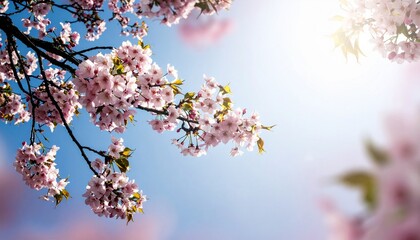 Obraz premium Beautiful nature spring background with a branch of blooming sakura. Sakura blossoming. 