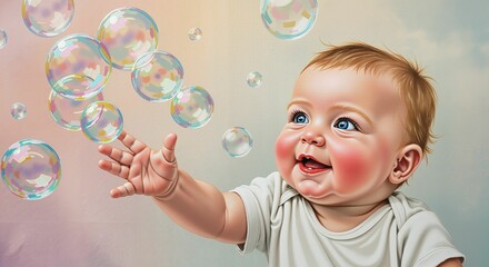 Baby reaching for bubbles with a joyful expression against pastel background  