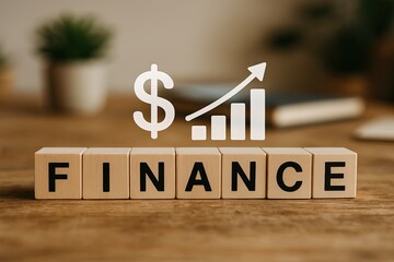 Blocks showing 'FINANCE' with dollar sign and bar chart overlay, natural desk environment