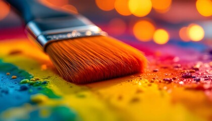 Fototapeta premium Closeup of Paintbrush on Vibrant Colorful Canvas