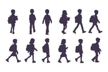School Children Silhouettes, Kids Walking with Backpacks, Children Side Profile Silhouette, School Kids Standing and Walking, Backpack Kids Silhouettes Clipart Vector Illustration.