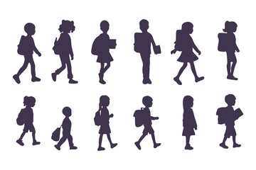 School Children Silhouettes, Kids Walking with Backpacks, Children Side Profile Silhouette, School Kids Standing and Walking, Backpack Kids Silhouettes Clipart Vector Illustration.