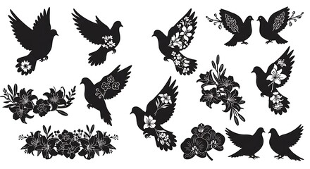 Floral Dove Silhouettes: Elegant Black & White Designs