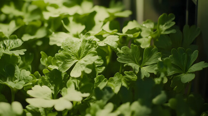Lush green herb garden thriving under soft lighting, showcasing vibrant foliage with a serene indoor atmosphere