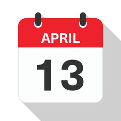 April 13 Daily Calendar. Red Theme on White Background
