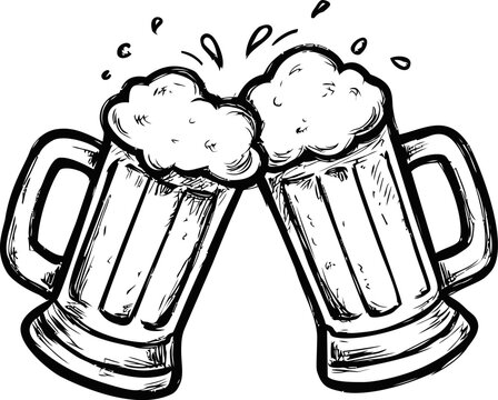 Two frothy beer mugs clinking with splashes in black and white illustration. Vector illustration
