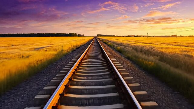 Railway tracks stretching into the distance through a field at sunset with colorful sky