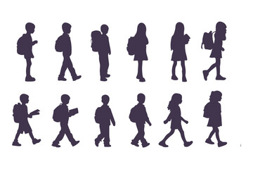 School Children Silhouettes, Kids Walking with Backpacks, Children Side Profile Silhouette, School Kids Standing and Walking, Backpack Kids Silhouettes Clipart Vector Illustration.