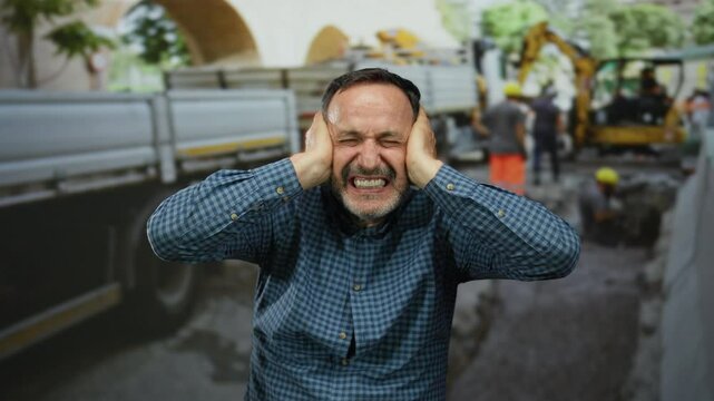 Man covering ears and screaming at a noisy construction site where workers in helmets operate machinery creating a chaotic and stressful atmosphere indicative of urban life.