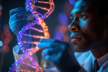 A researcher examining a DNA model in a genetics lab, discovery