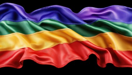 Rainbow flag, vibrant colors, smooth fabric, waving. Detailed view of the rainbow colors, horizontal stripes, and texture of the flag