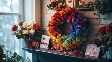 Beautiful Rainbow Floral Heart Wreath for Decorations placed in Cozy living Room