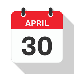 April 30 Daily Calendar. Red Theme on White Background