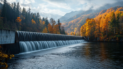 A cascading stepped dam nestled between mountains and forest, surrounded by colorful autumn foliage. The tranquil flow of water, soft reflections, and vibrant seasonal tones highlight harmony