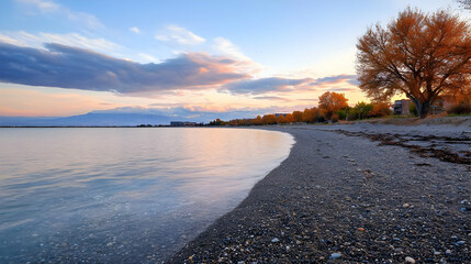 Autumn Sunset On Rocky Beach