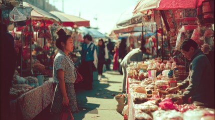 A bustling market filled with colors and diverse goods is alive with people, capturing the essence of community and commerce.