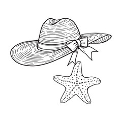 simple outline vector of straw hat with starfish