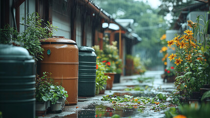 Obraz premium A peaceful village pathway lined with traditional homes and rainwater barrels. The image showcases eco-friendly living, smart water collection, and the integration of sustainability practices