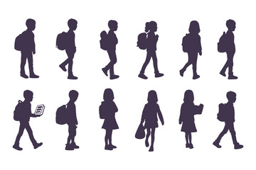 School Children Silhouettes, Kids Walking with Backpacks, Children Side Profile Silhouette, School Kids Standing and Walking, Backpack Kids Silhouettes Clipart Vector Illustration.