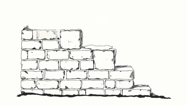 A black and white, hand-drawn illustration of a stack of bricks on a white background. Brick wall. A stack of bricks.	